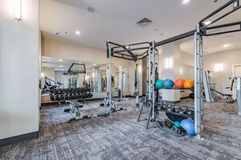 A gym with a variety of equipment including weights and weight machines